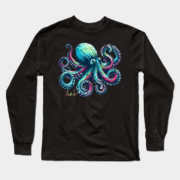 Vivid Colors Octopus - He'e in Hawaiian Long Sleeve T-Shirt by Organicgal Graphics